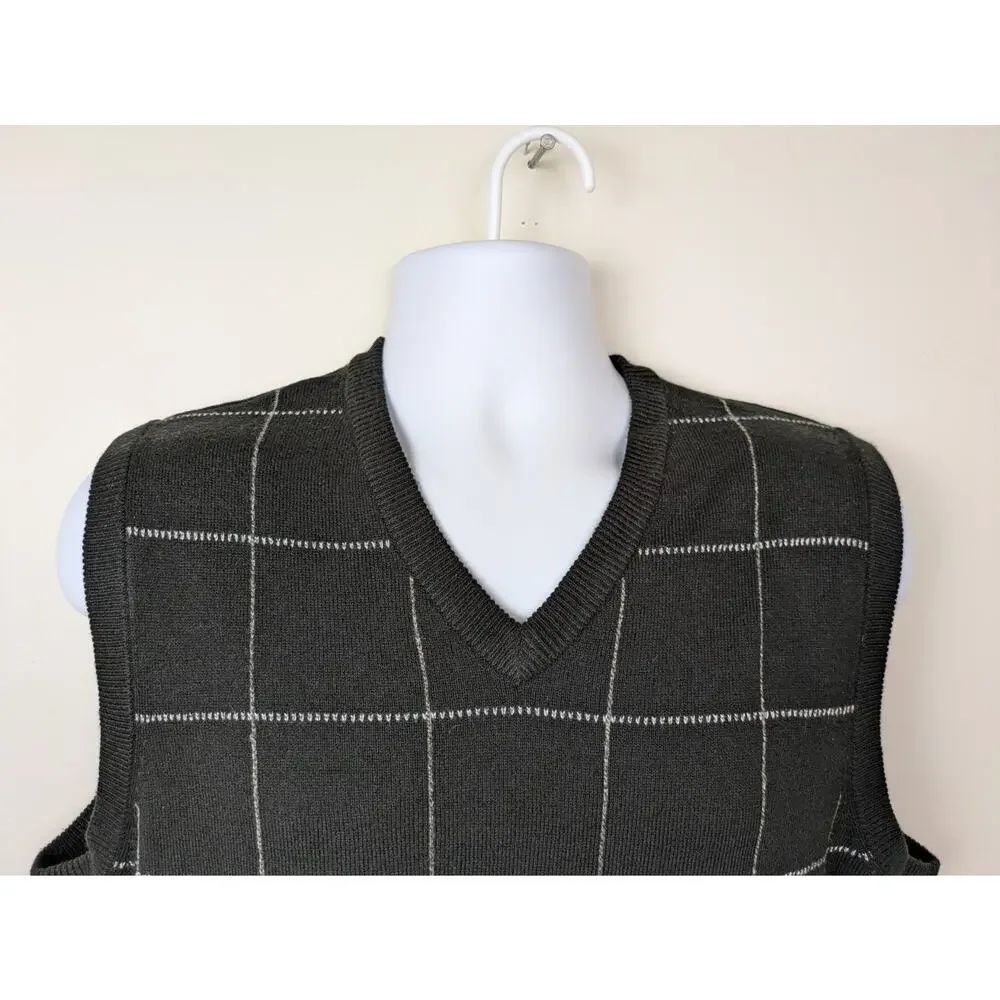Geoffrey Beene Mens Sweater Vest Large Black Tan Check V-Neck Retro Preppy Knit